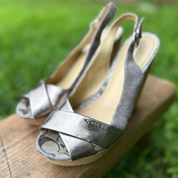 Coach “Jessy” Silver Cork Slingback Wedges - Picture 2 of 9